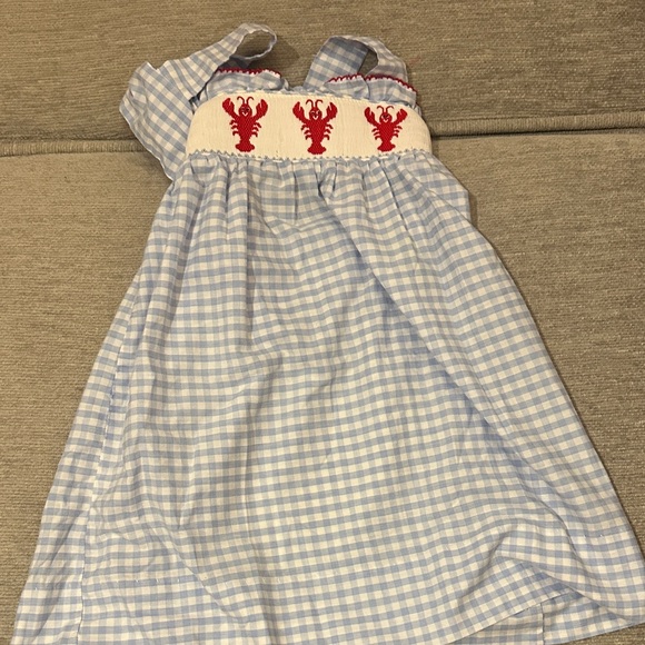 Classic Whimsy Other - Girls Blue Gingham Dress with Red Embroidered Lobsters